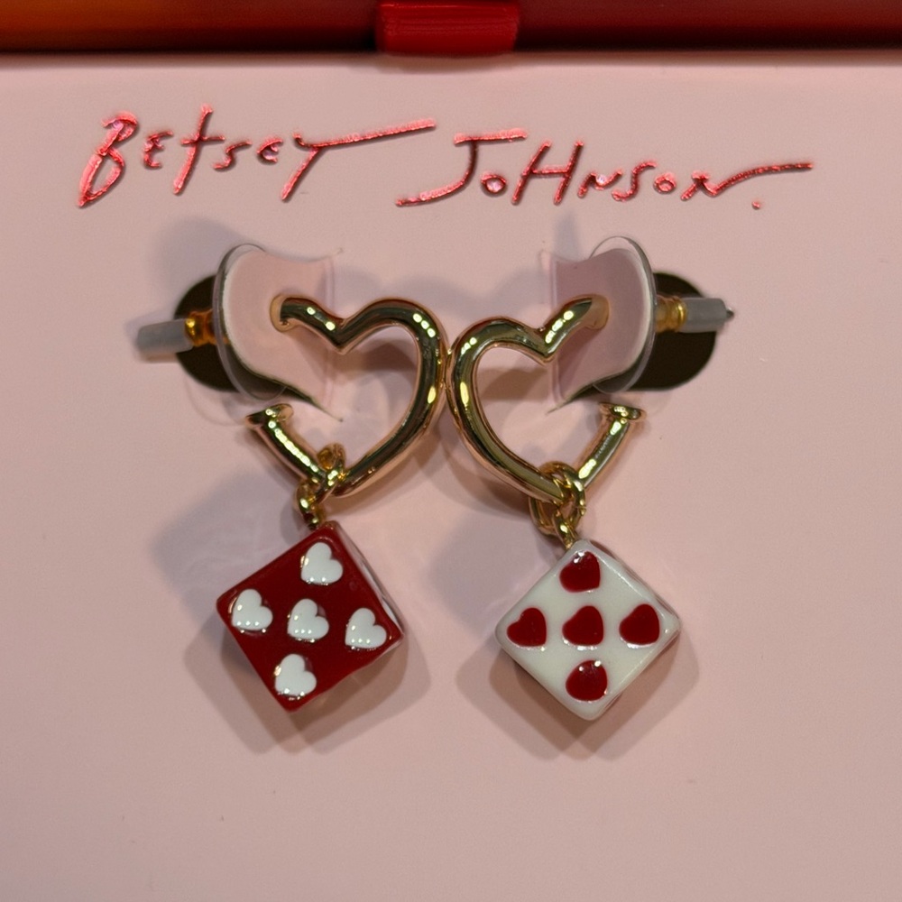 Betsey Johnson Red & White Dice Huggie Heart Drop Earrings - Picture 2 of 2